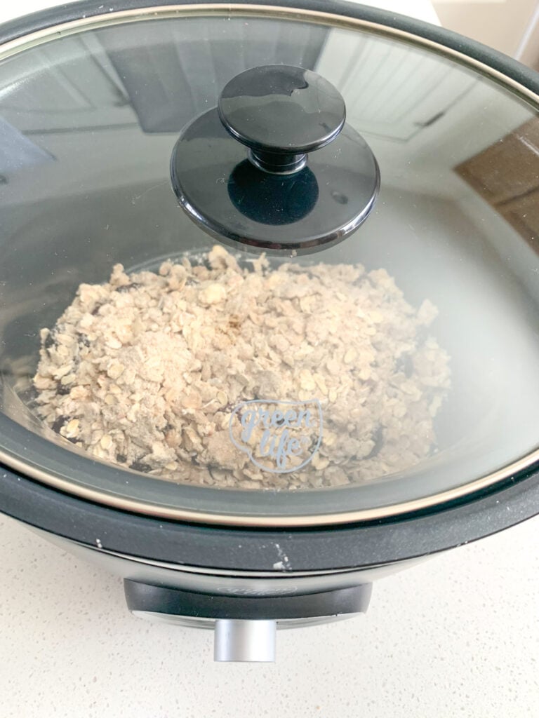 slow cooker cherry cobbler beginning to cook
