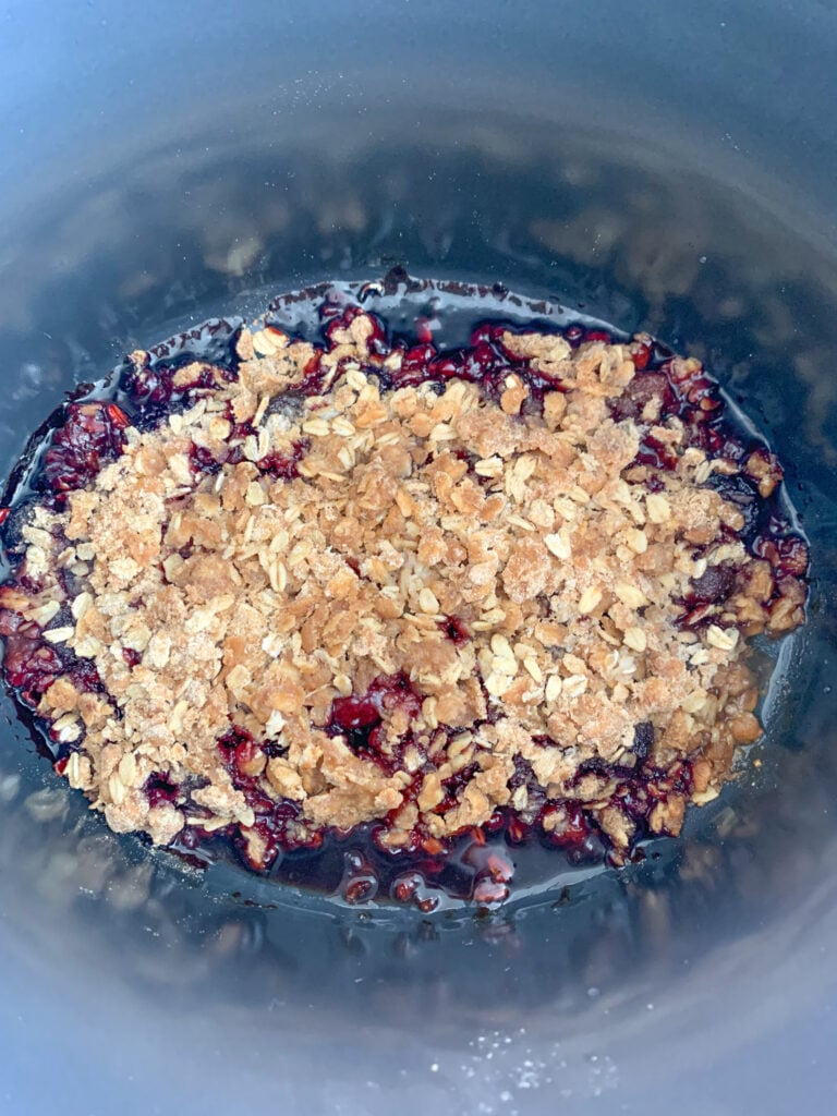 cherry cobbler just finished cooking in slow cooker