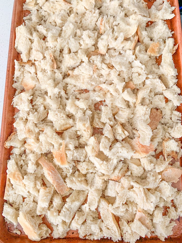 sourdough bread cut up and ready to be dried out
