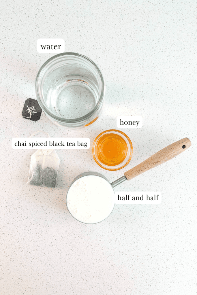 chai tea latte with tea bag labeled ingredients
