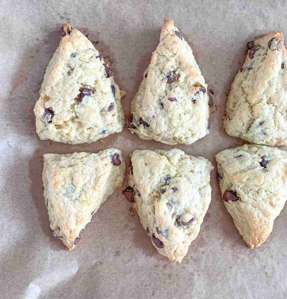 Freshly baked sourdough chocolate chip scones on a tray