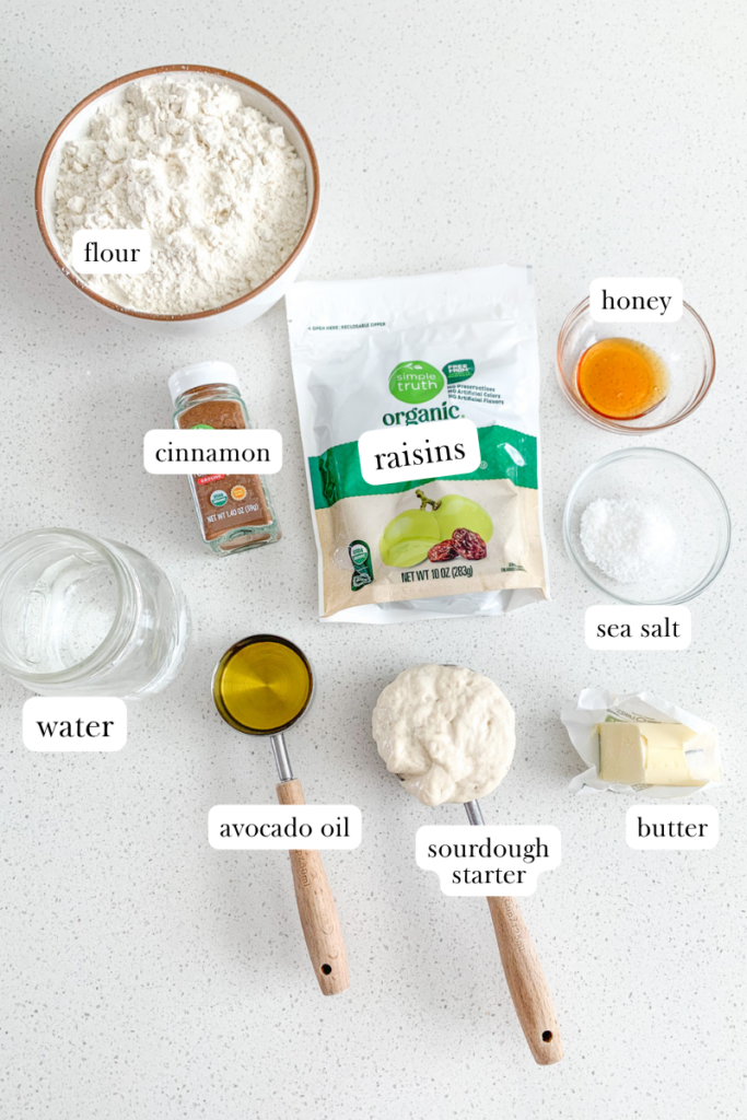 labeled ingredients for sourdough cinnamon raisin bread