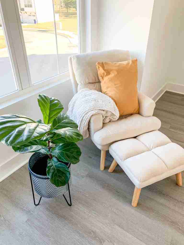 sitting area with a chair, plant, pillow, and blanket