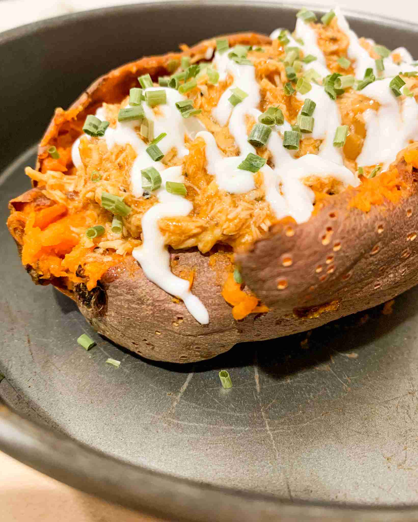 Buffalo Chicken Stuffed Sweet Potatoes (Using a Slow Cooker)