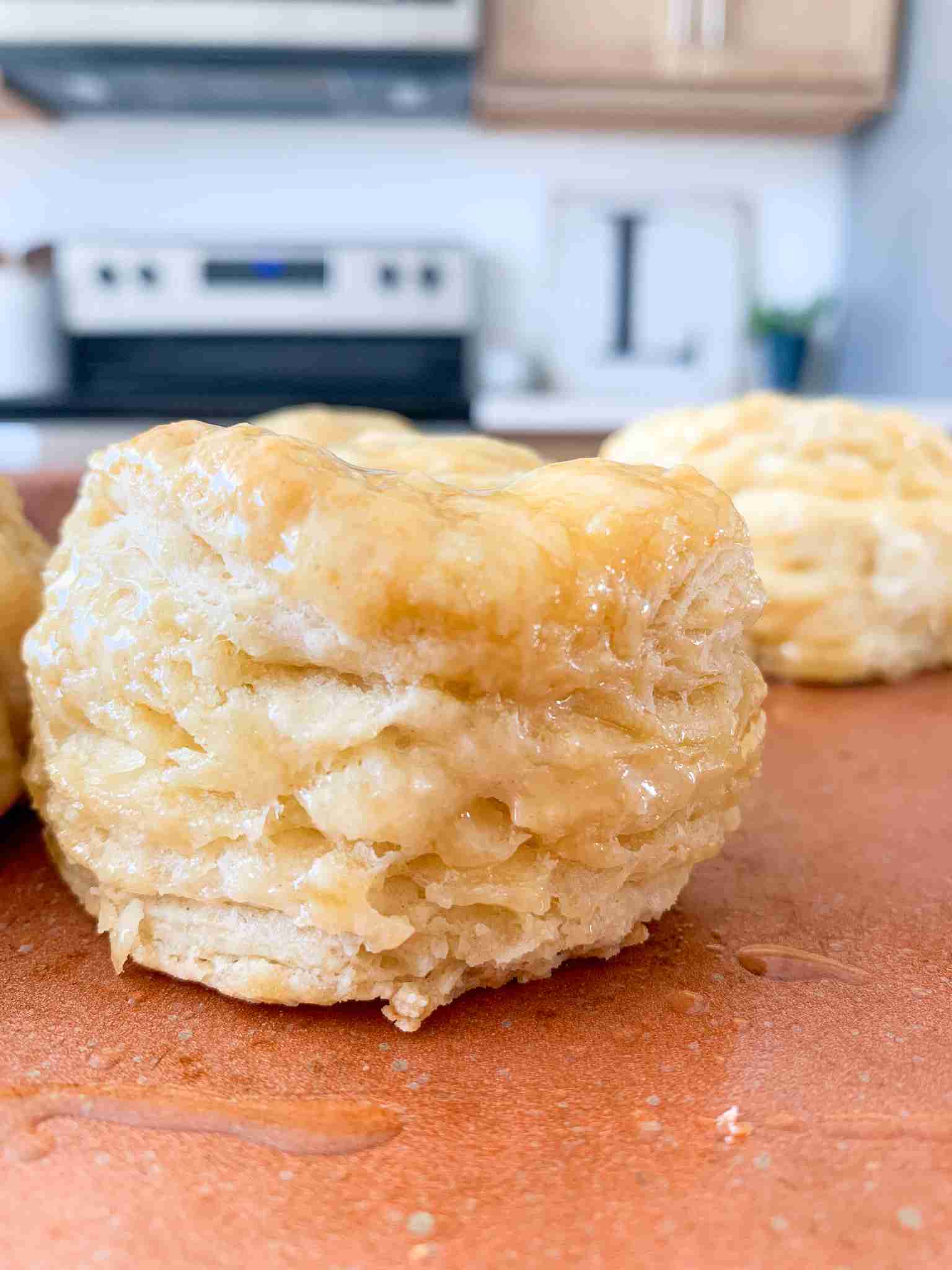 layered biscuit on a pink pan