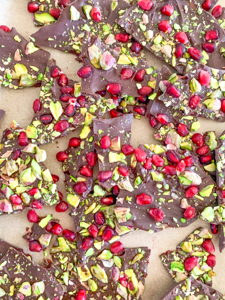 freshly made pistachio pomegranate chocolate bark
