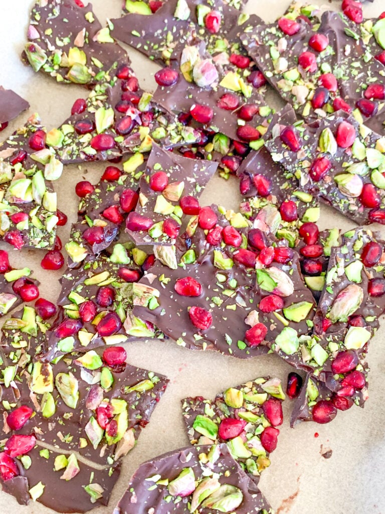 freshly made pistachio pomegranate chocolate bark