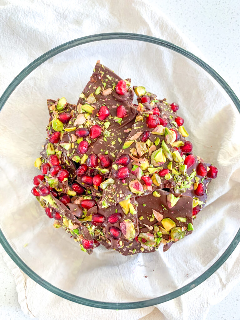 freshly made pistachio pomegranate chocolate bark