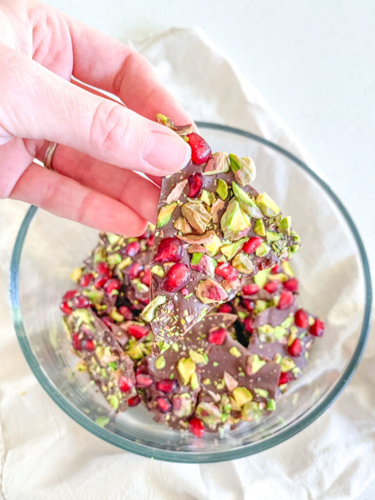 freshly made pistachio pomegranate chocolate bark