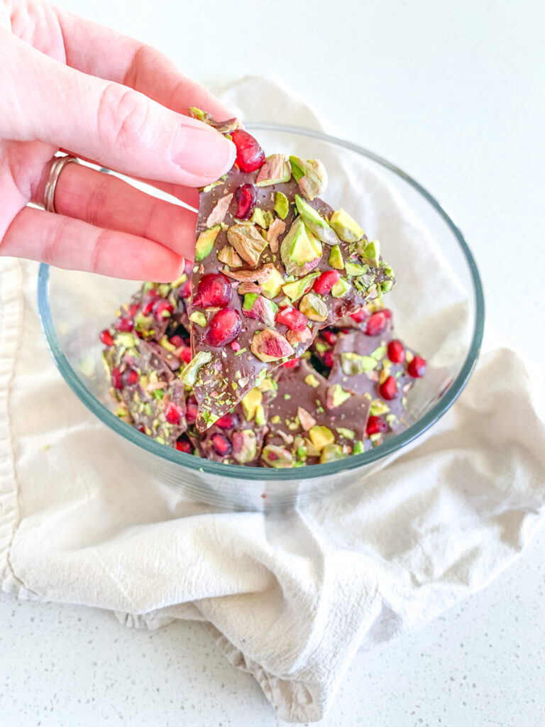 freshly made pistachio pomegranate chocolate bark