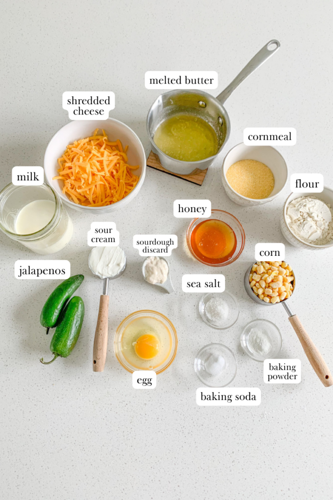 cheesy sourdough jalapeno corn casserole labeled ingredients