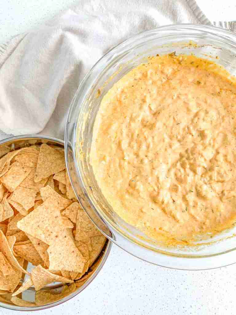 freshly made buffalo chicken dip with tortilla chips