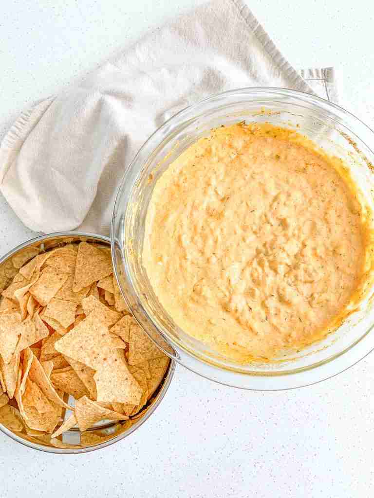 freshly made buffalo chicken dip with tortilla chips