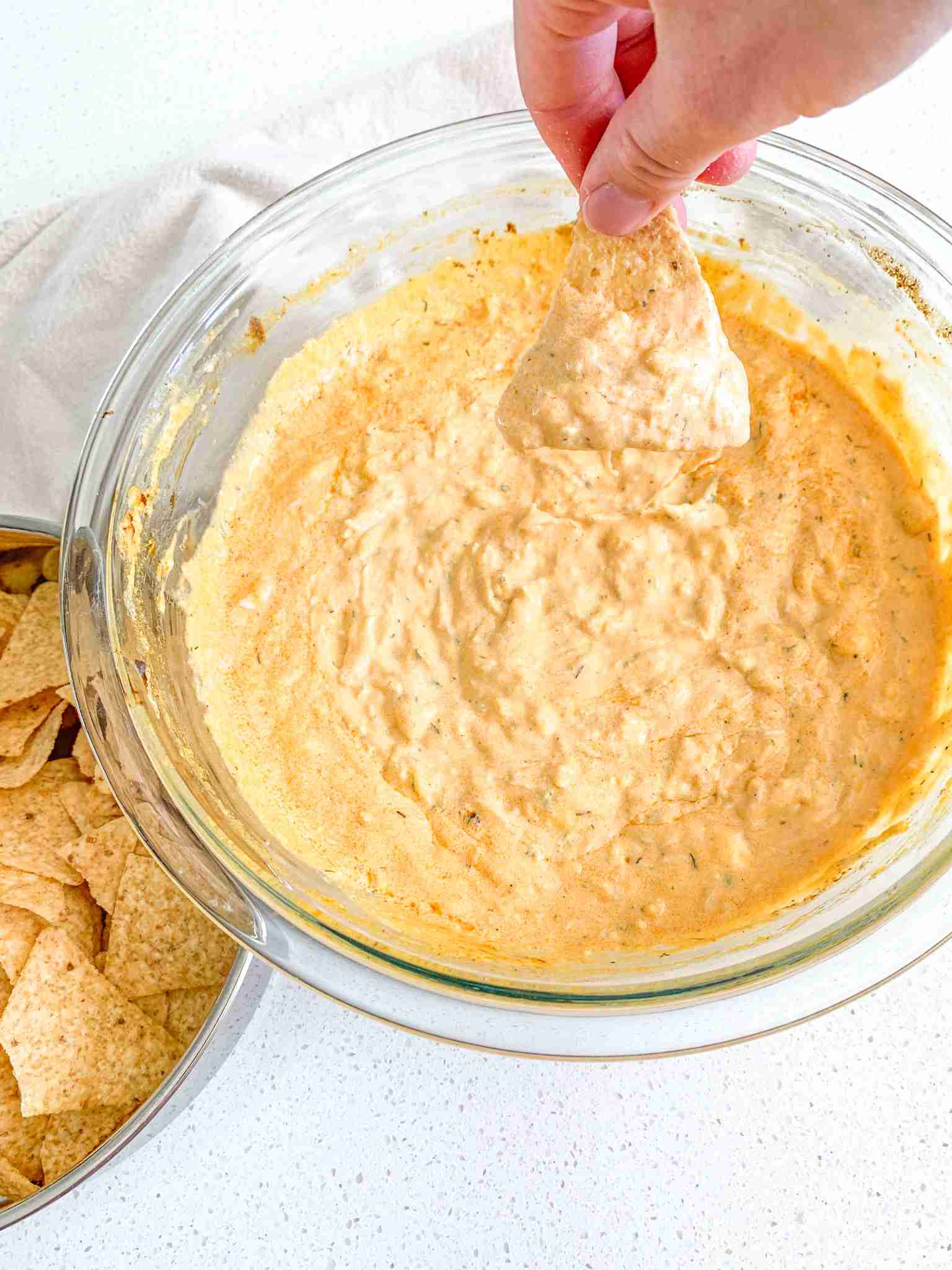 freshly made buffalo chicken dip with tortilla chips