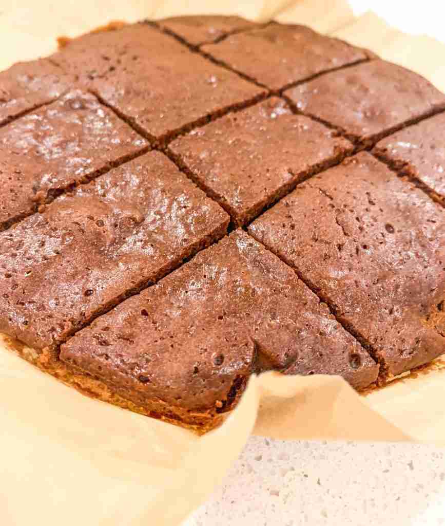 a pan of brownies cut into slices