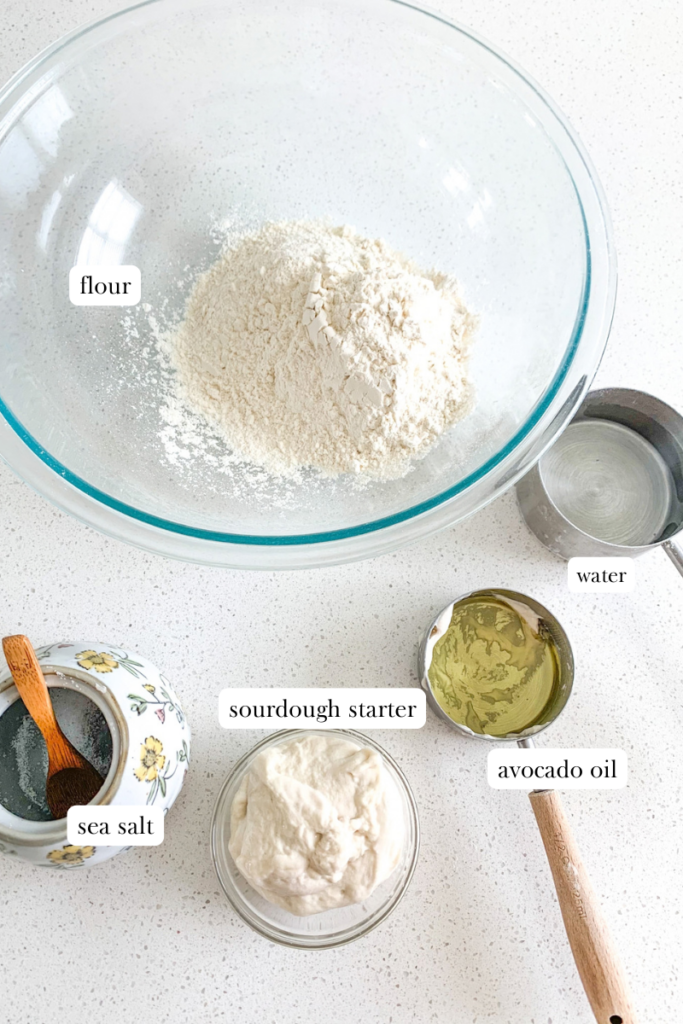 labeled ingredients for sourdough pretzel bites dough