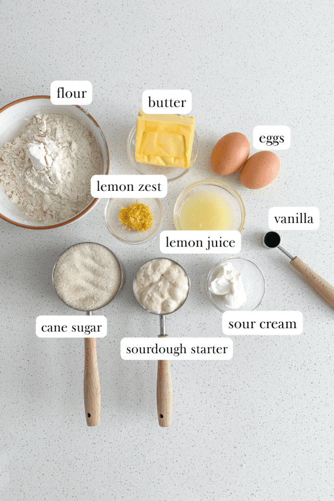 labeled ingredients for sourdough lemon pound cake