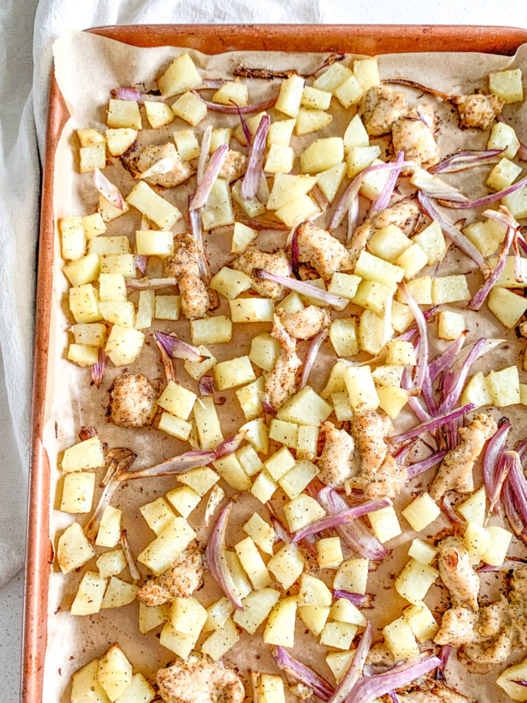 freshly baked sheet pan lemon chicken and potatoes dinner