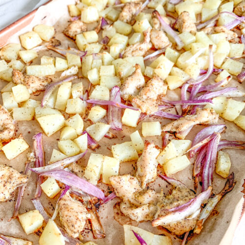 freshly baked sheet pan lemon chicken and potatoes meal
