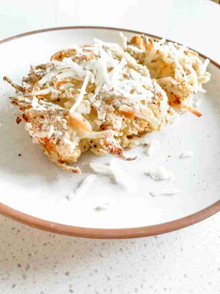piece of breaded chicken on a plate with coconut shavings