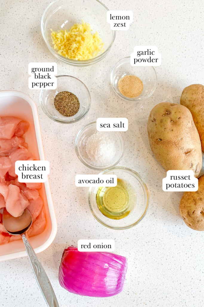 labeled ingredients for sheet pan lemon chicken and potatoes