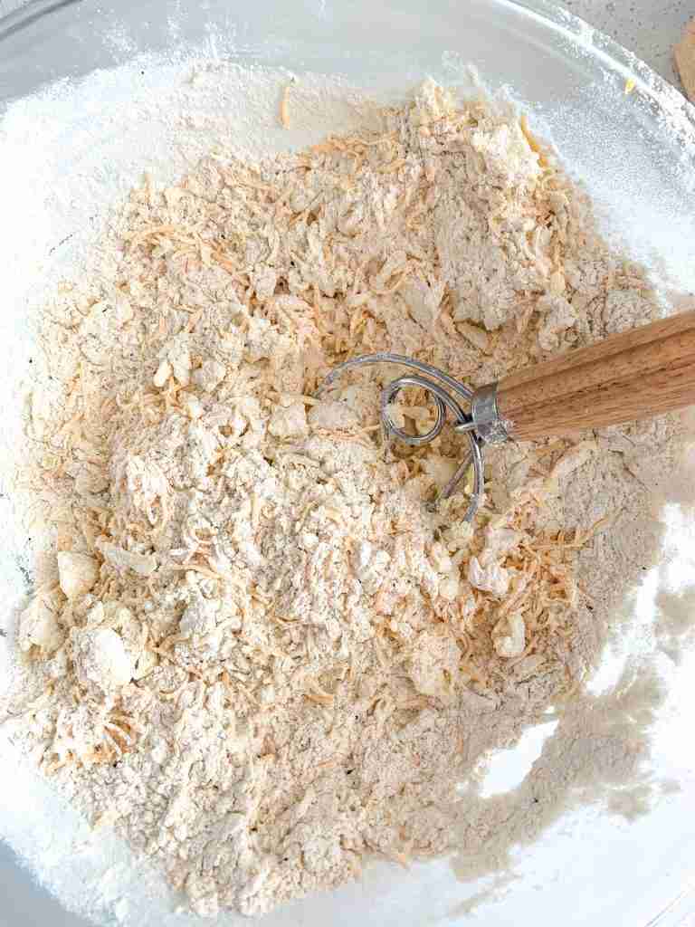 dry cheddar biscuit mix in a bowl