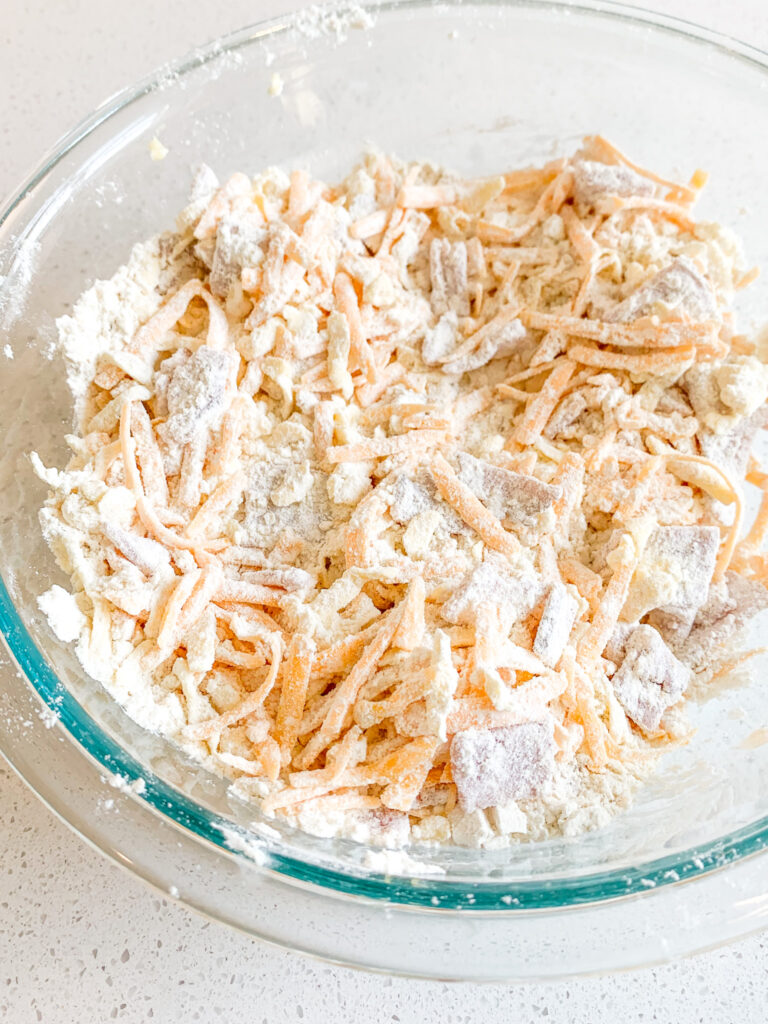 cheese and ham stirred into sourdough scone dry mixture