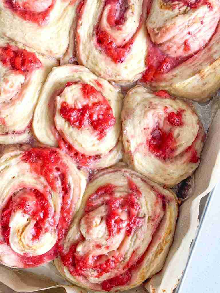 freshly baked strawberry sourdough sweet rolls