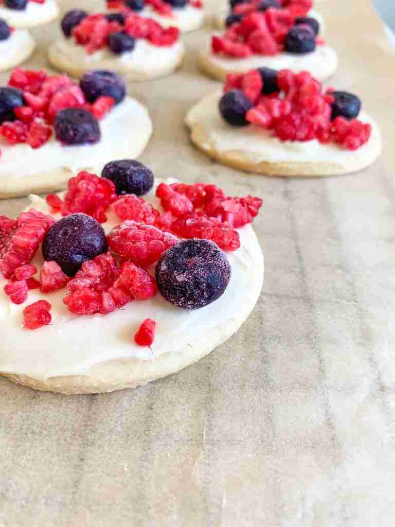 cookie up close with frosting and fruit