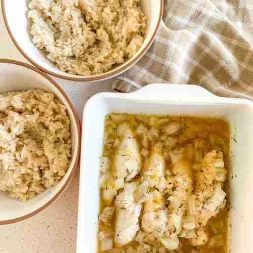 casserole dish of chicken and 2 bowls of rice