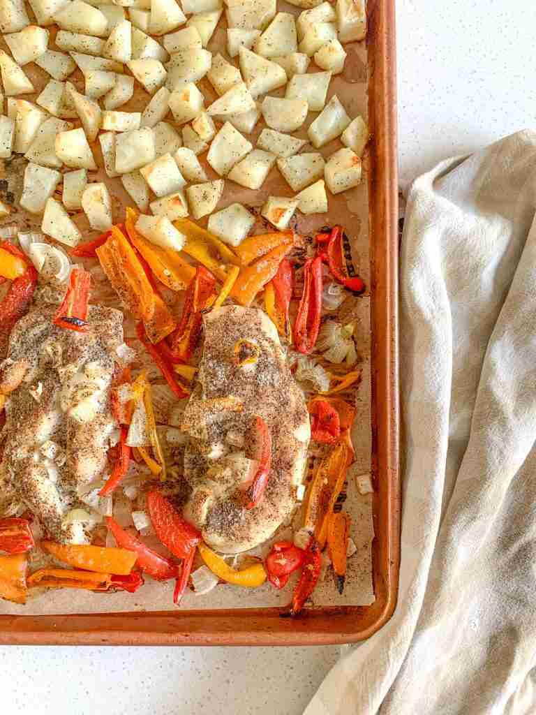over head shot of chicken pepper sheet pan meal