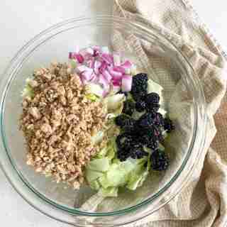 salad bowl with chicken onion and blackberries