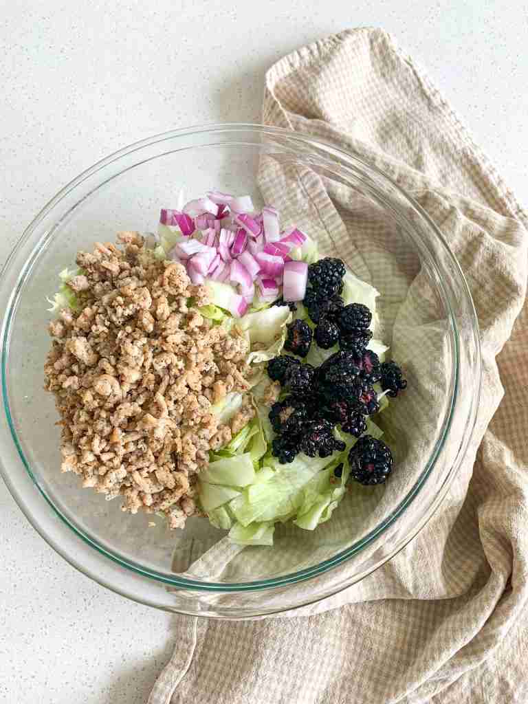 salad bowl with chicken onion and blackberries