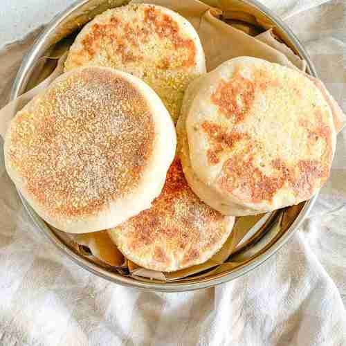 freshly baked sourdough english muffins
