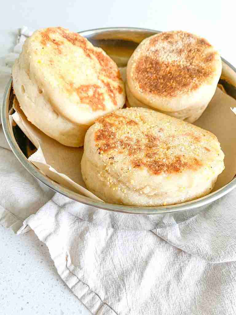 freshly baked sourdough english muffins