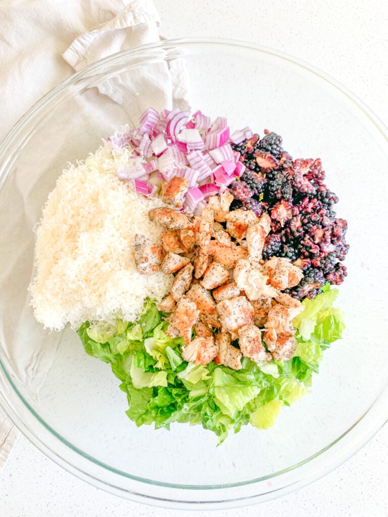 blackberry chicken salad made and ready for balsamic dressing