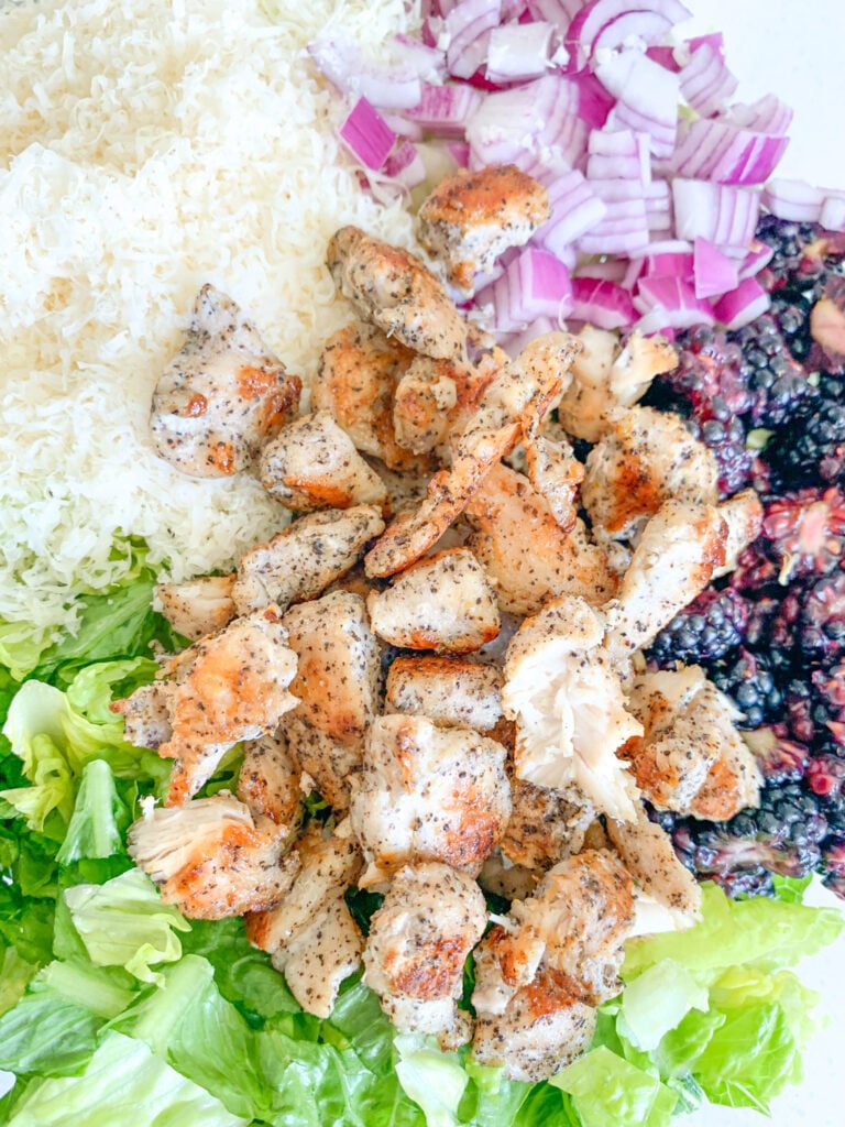 blackberry chicken salad made and ready for balsamic dressing