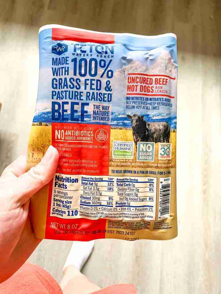 package of grass fed Teton Waters Ranch hot dogs