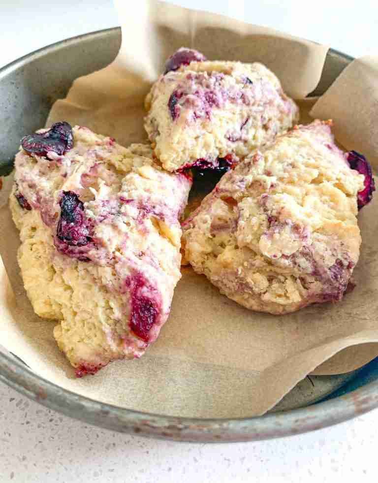 3 cherry scones in a basket