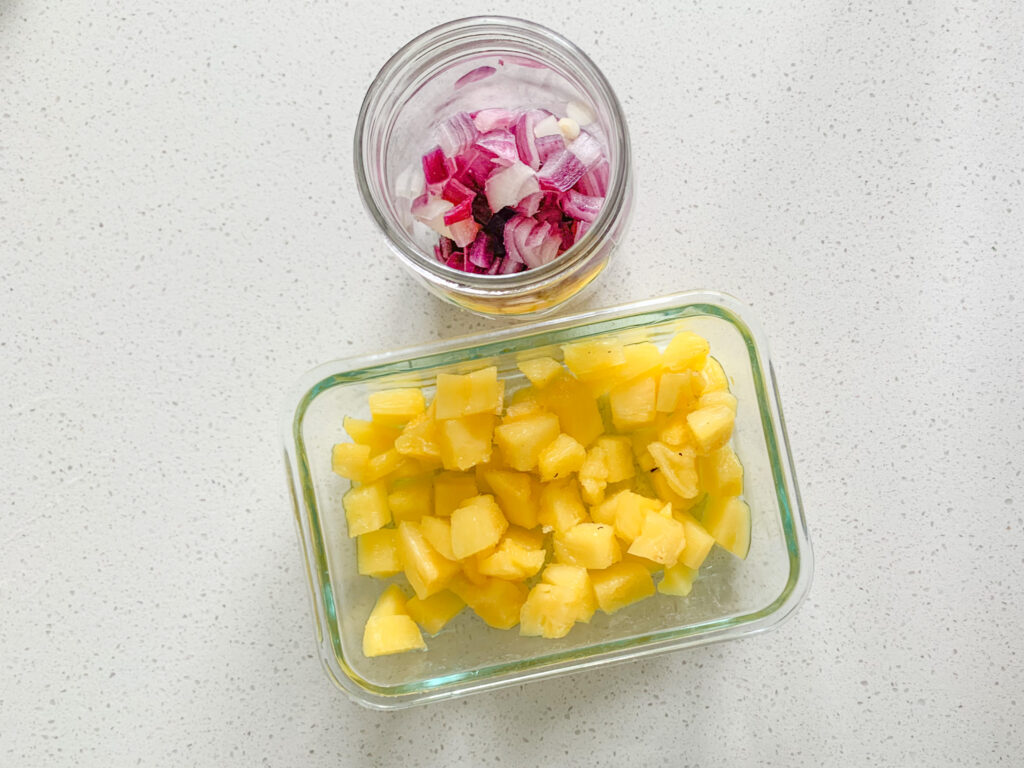 diced onions and cubed pineapple ready to go
