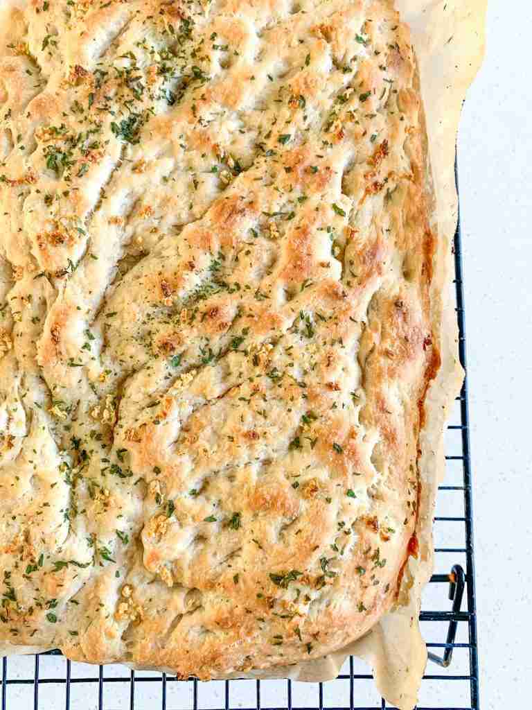 focaccia bread on a wire rack