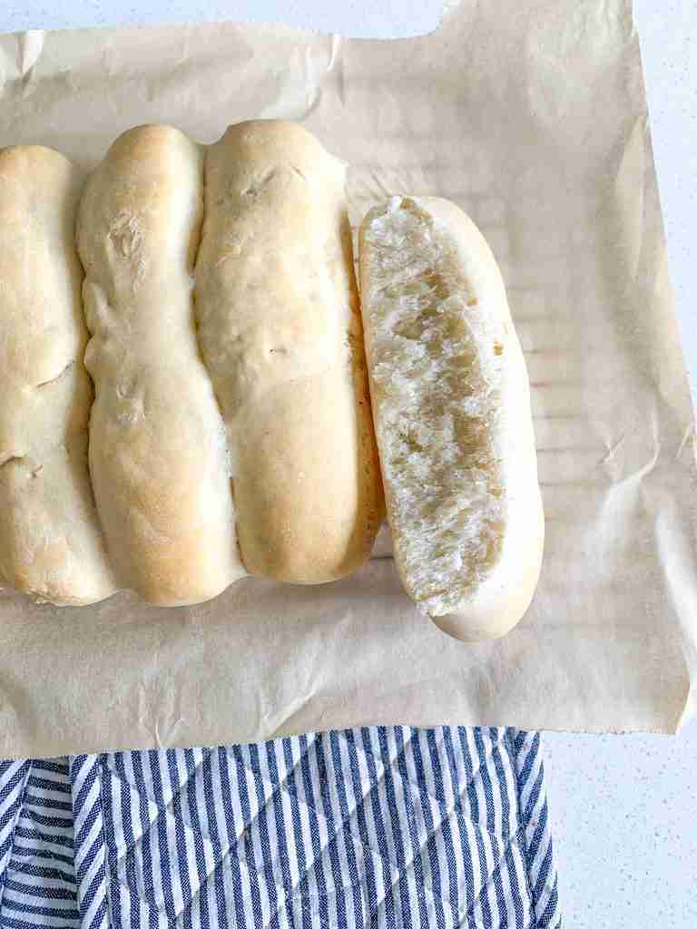 freshly baked sourdough hot dog buns