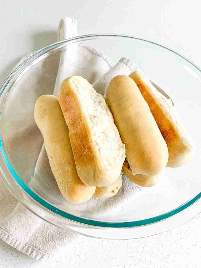 freshly baked sourdough hot dog buns