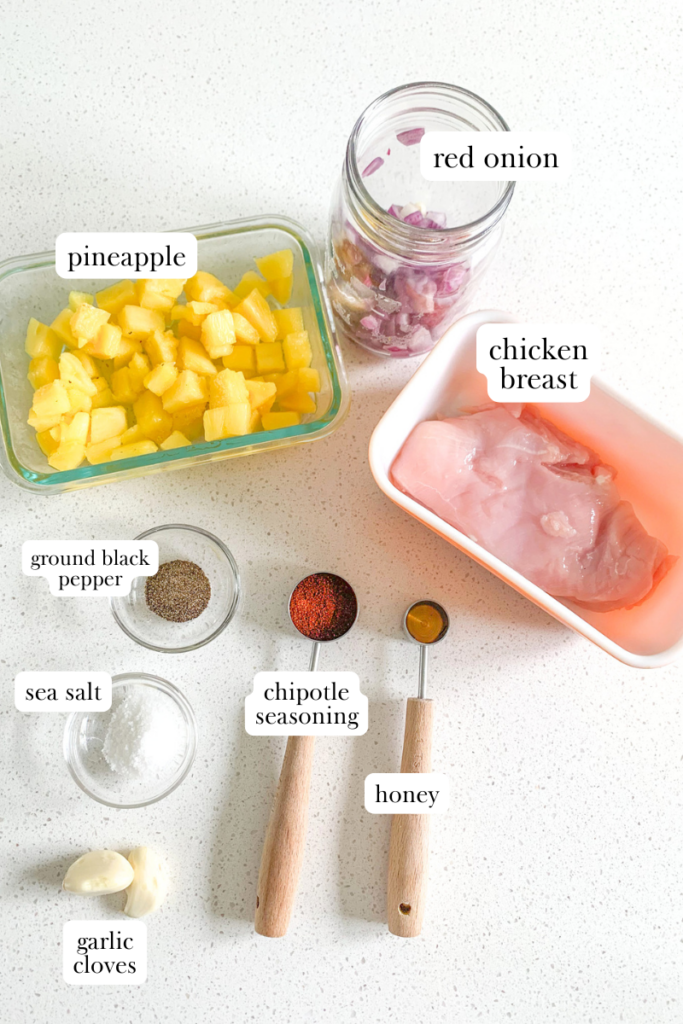 labeled ingredients for sheet pan chipotle chicken pineapple tacos