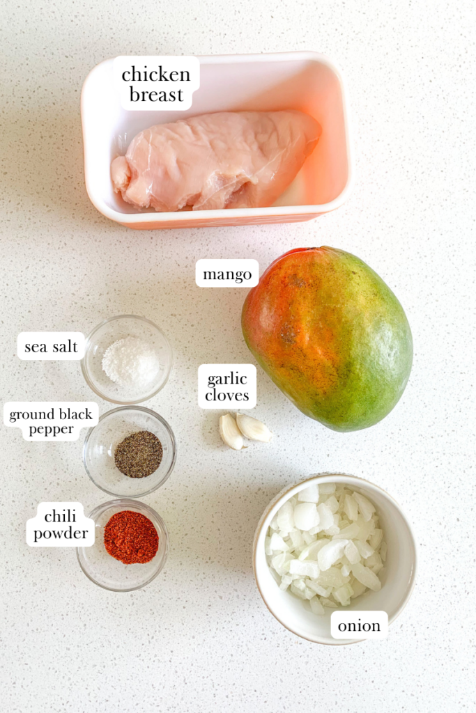 labeled ingredients for mango chicken tacos