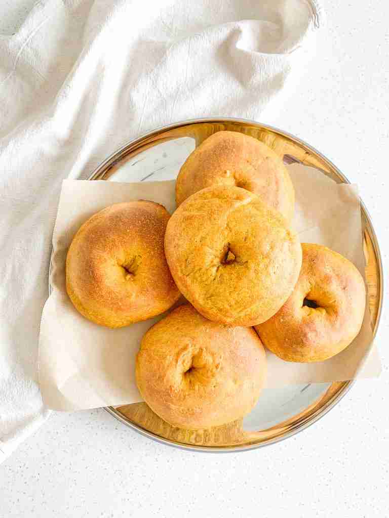 freshly baked sourdough pumpkin bagels