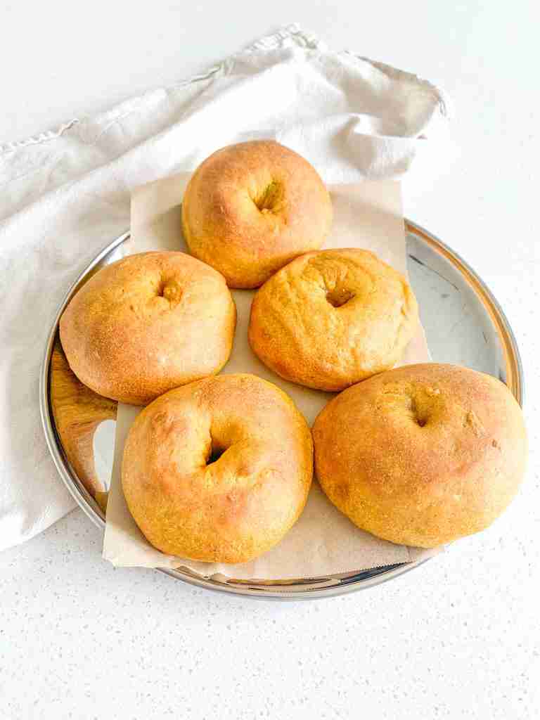 freshly baked sourdough pumpkin bagels