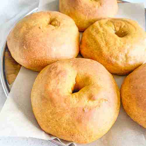 freshly baked sourdough pumpkin bagels