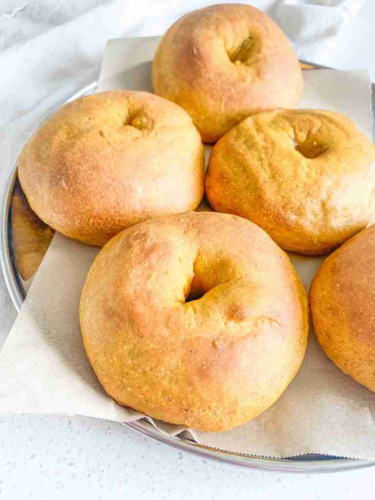 freshly baked sourdough pumpkin bagels