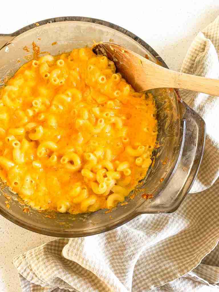 casserole dish of baked mac and cheese on the counter